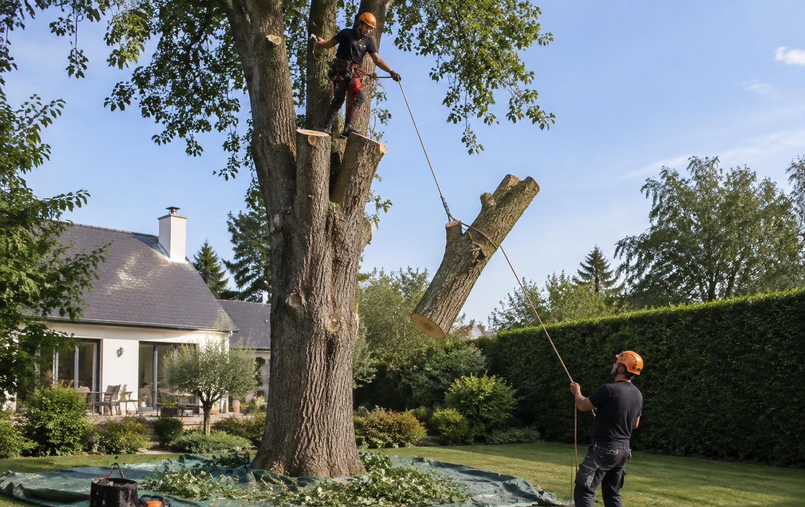Démontage d'un arbre avec retenue à la corde, jardin protégé, Louis Élagueur, Seine-Saint-Denis
