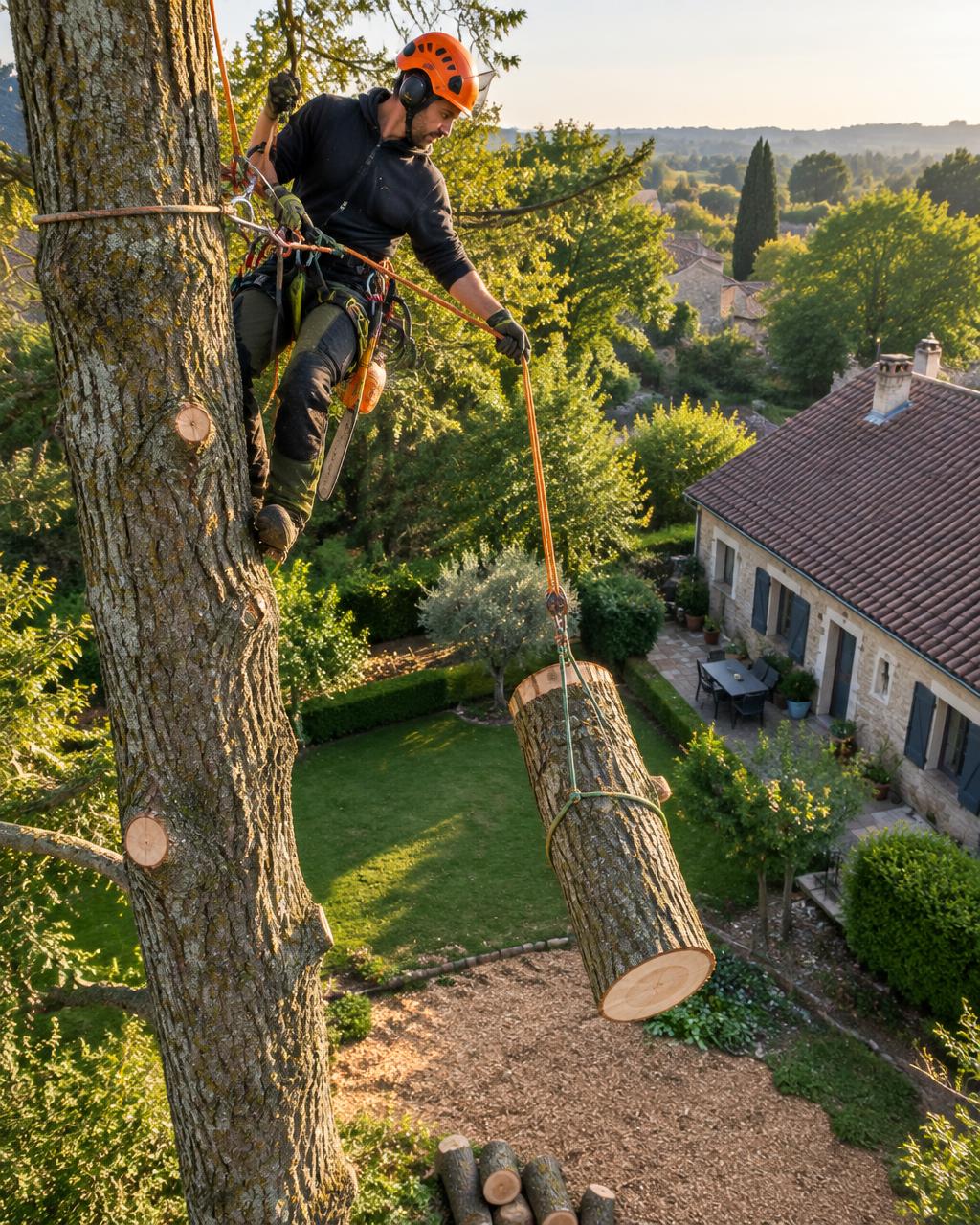 Démontage d'un arbre avec retenue à la corde, jardin et maison protégés, Louis Élagueur, Seine-Saint-Denis