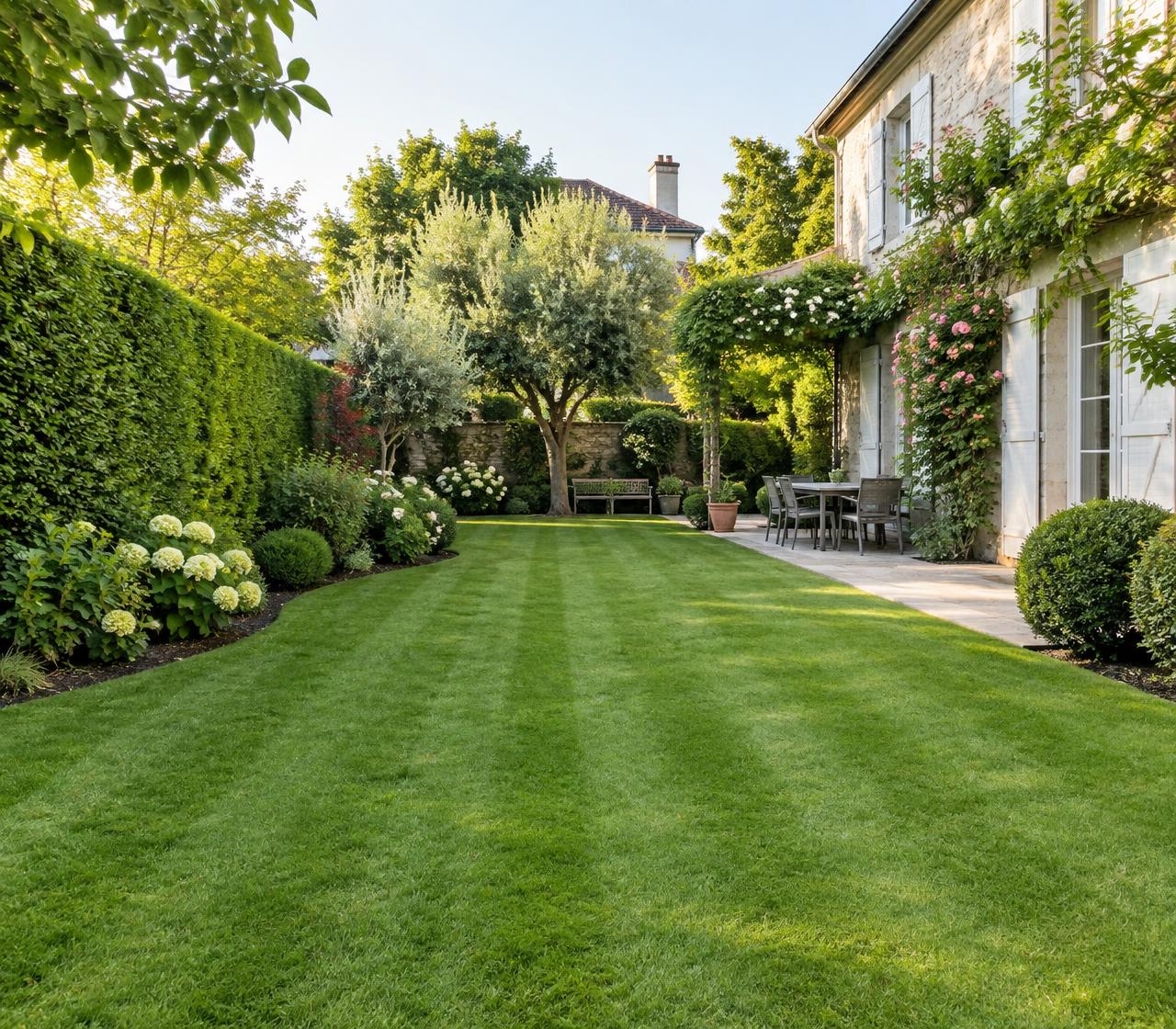 Jardin entretenu : pelouse tondue, haies taillées et massifs propres, Louis Élagueur, Seine-Saint-Denis